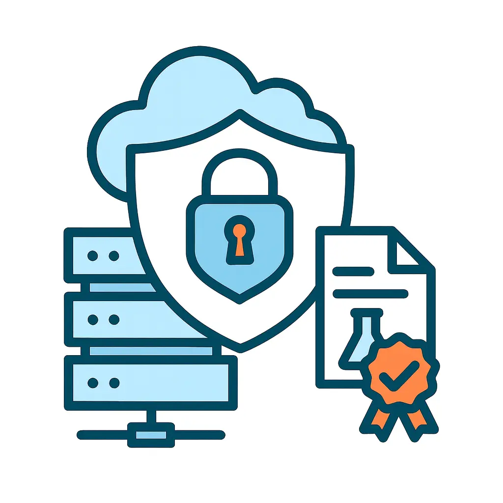 Illustration of cloud security with a padlock, server, lab certificate, and compliance badge, representing secure and compliant cloud-based lab data management.