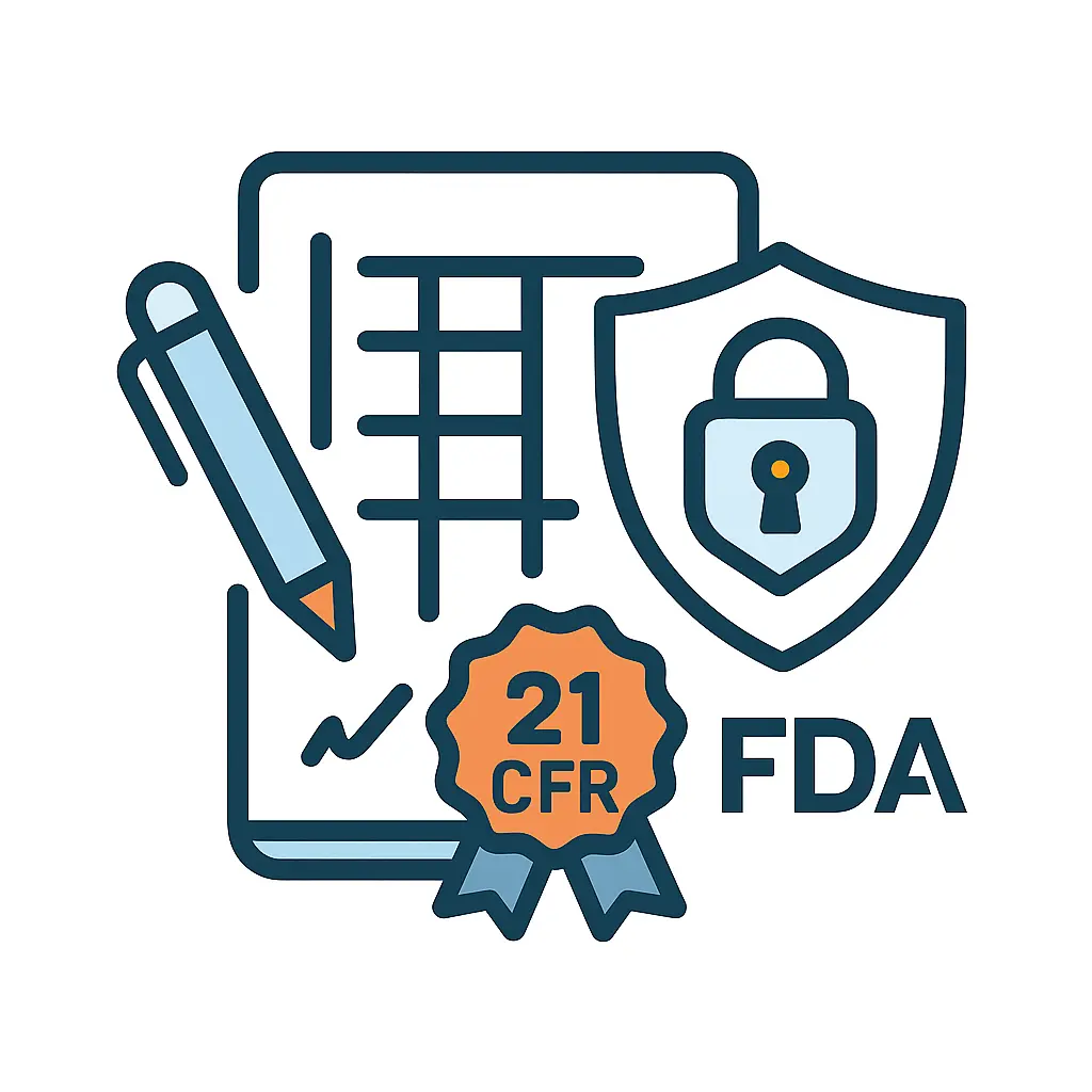 Illustration of FDA 21 CFR Part 11 compliance with a secure document, digital signature, and data protection shield.