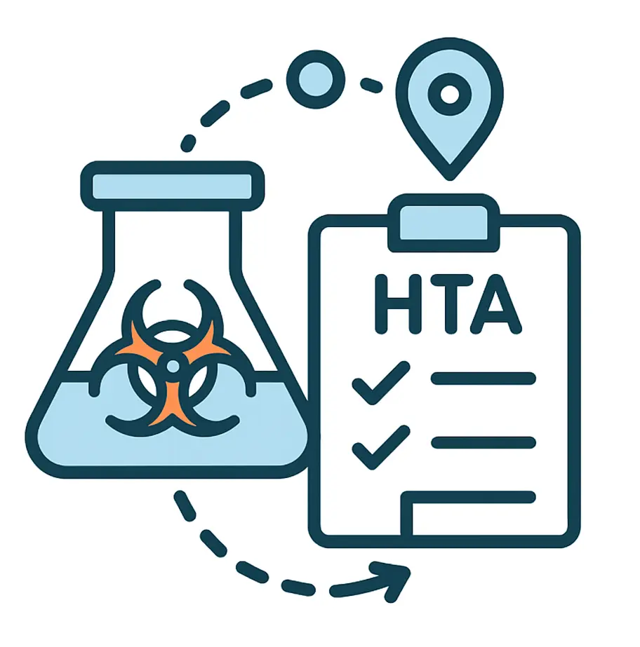 Icon showing a biohazard flask and an HTA checklist, symbolizing Human Tissue Authority (HTA) compliance and traceability of hazardous or regulated biological materials.