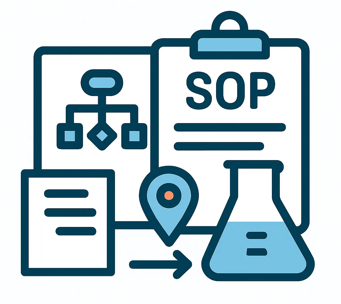Icon of a scientific workflow diagram, SOP document, location pin, and lab flask, representing standard operating procedures and traceability in laboratory processes.