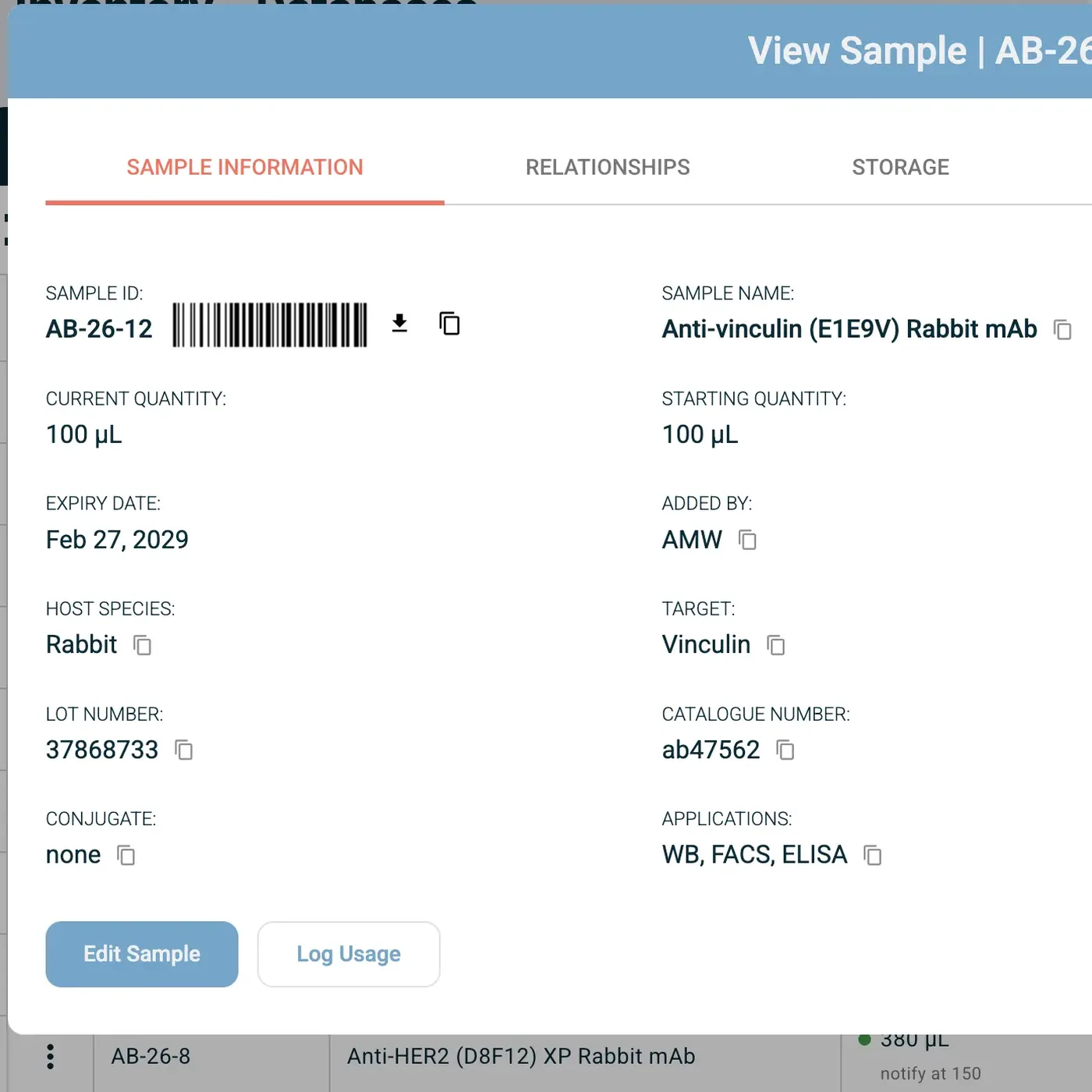 IGOR inventory View Sample dialog for an antibody, showing sample ID with barcode, current quantity, expiry date, lot number and catalogue number.
