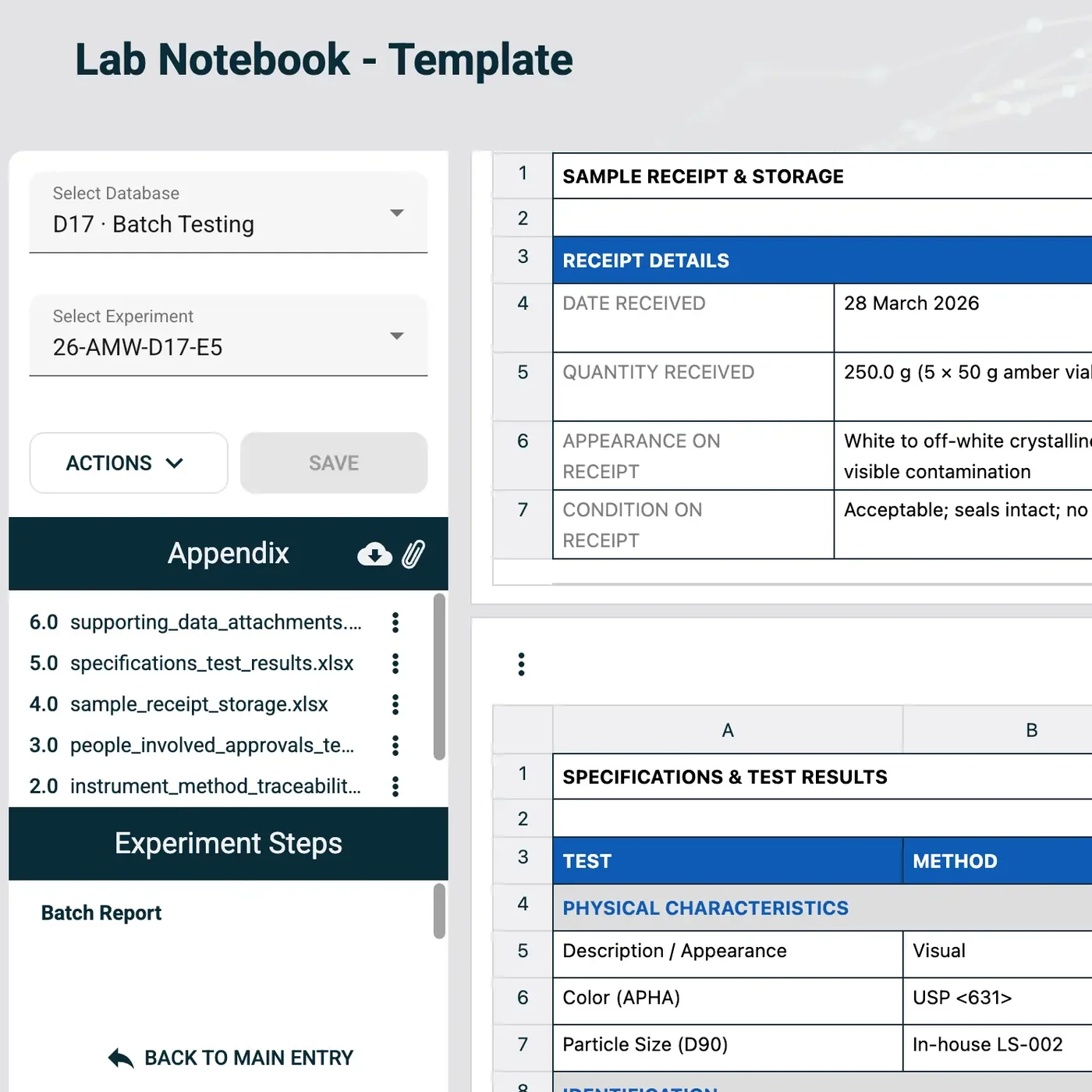 IGOR lab notebook template with a sample receipt and storage table, an appendix of attached files and an experiment steps panel.