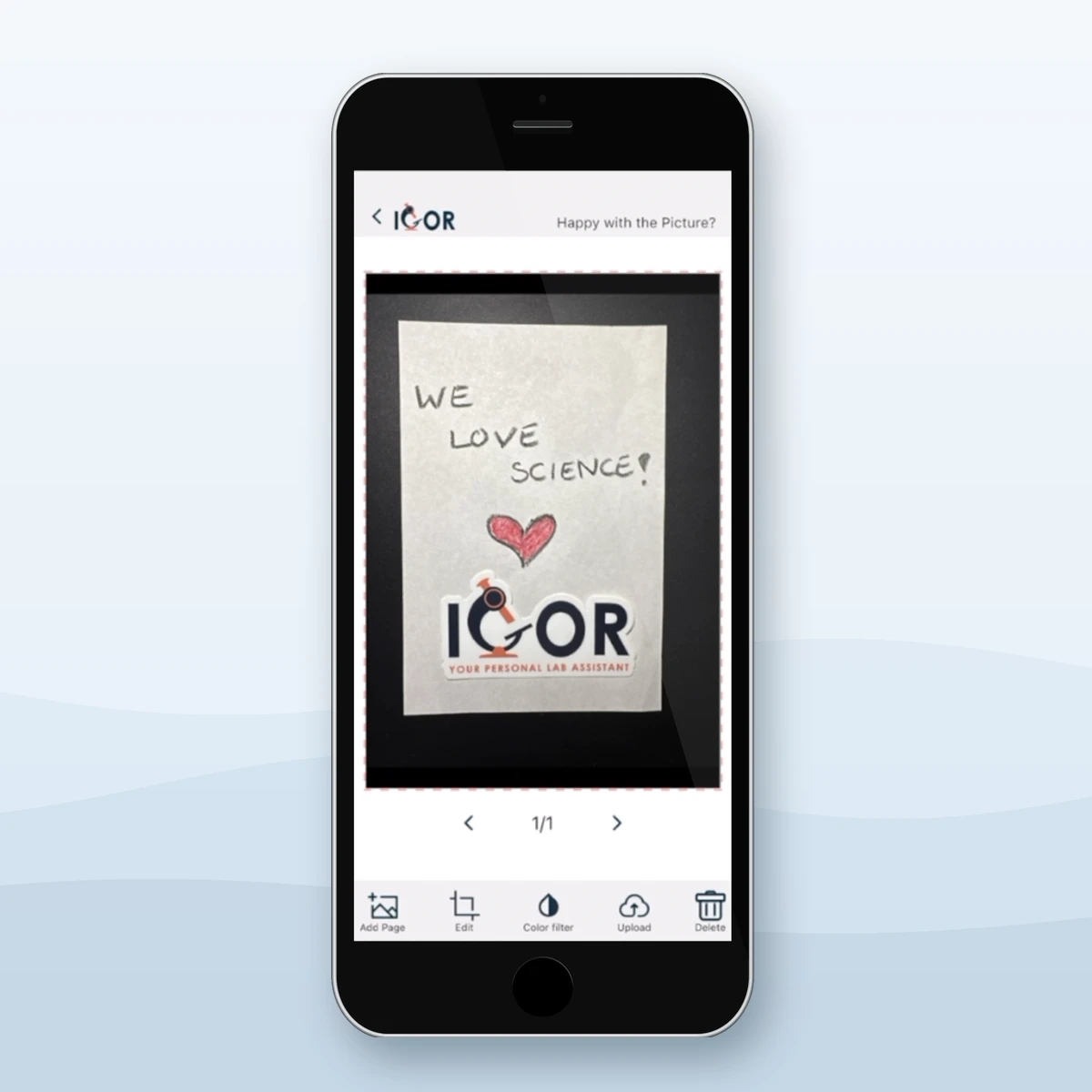 IGOR mobile app on a phone showing a scanned handwritten note ready to upload to a lab notebook entry, with options to add pages, edit, apply a color filter, upload or delete.