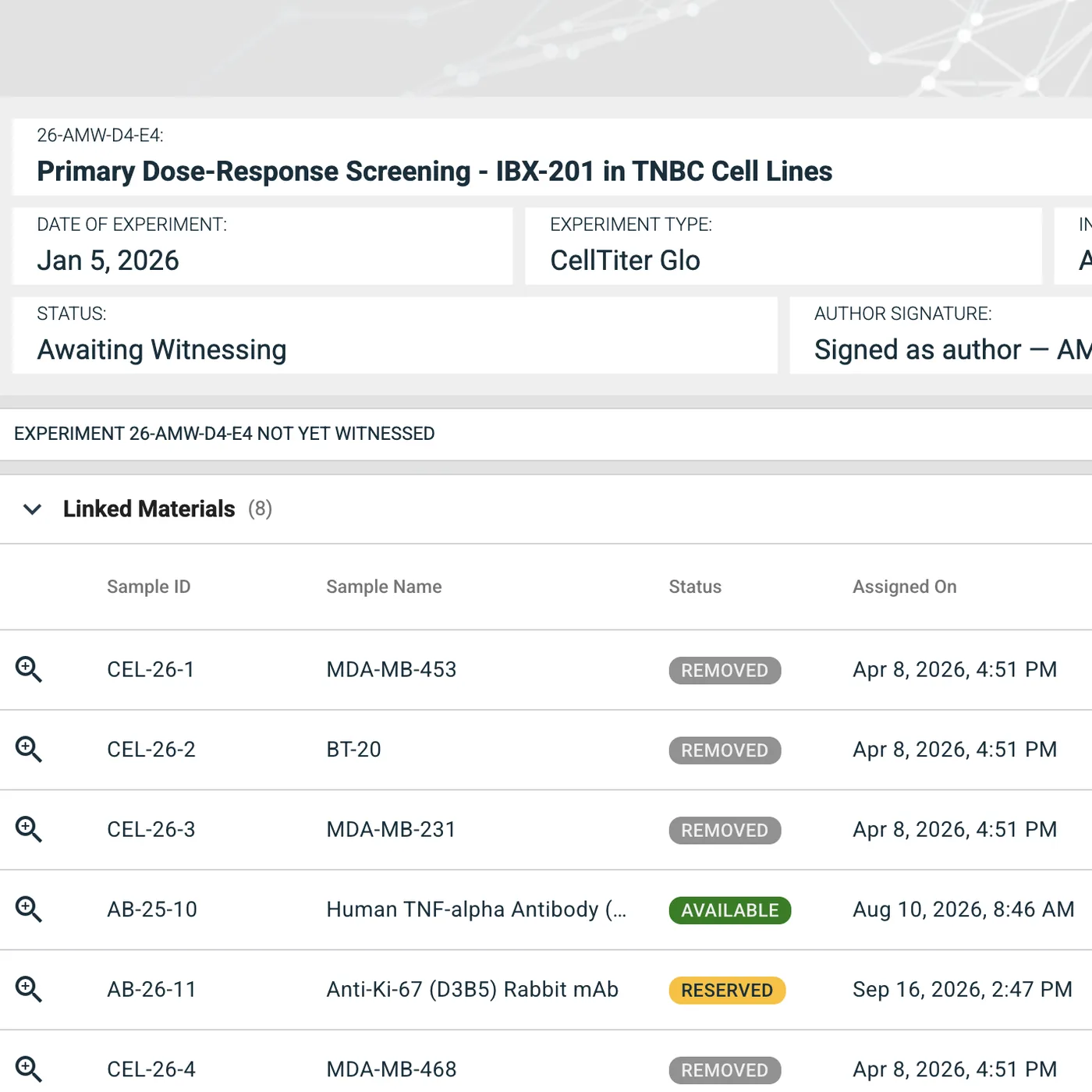 IGOR notebook entry for a dose-response screening experiment, showing its linked samples and reagents with each item's status and the date it was assigned.