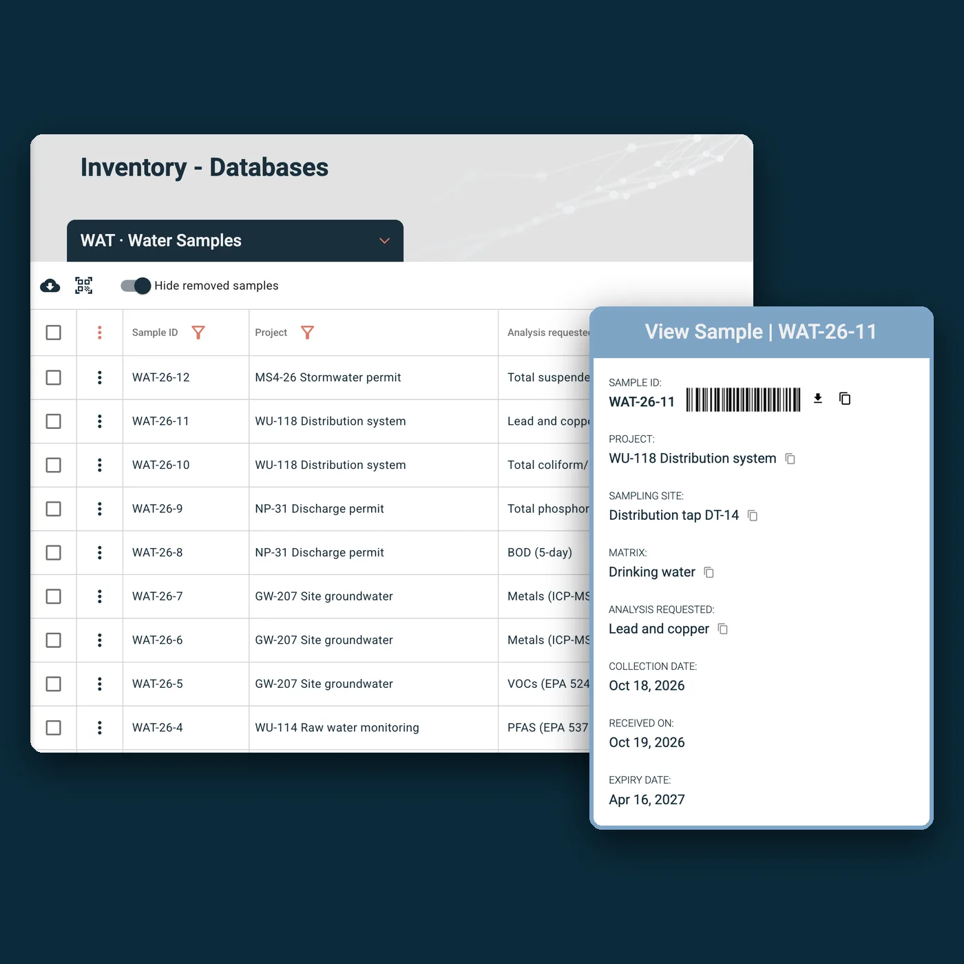 IGOR Water Samples repository with custom columns for project and analysis requested, next to the View Sample record for one sample showing its project, sampling site, matrix, collection date, received date and expiry date.