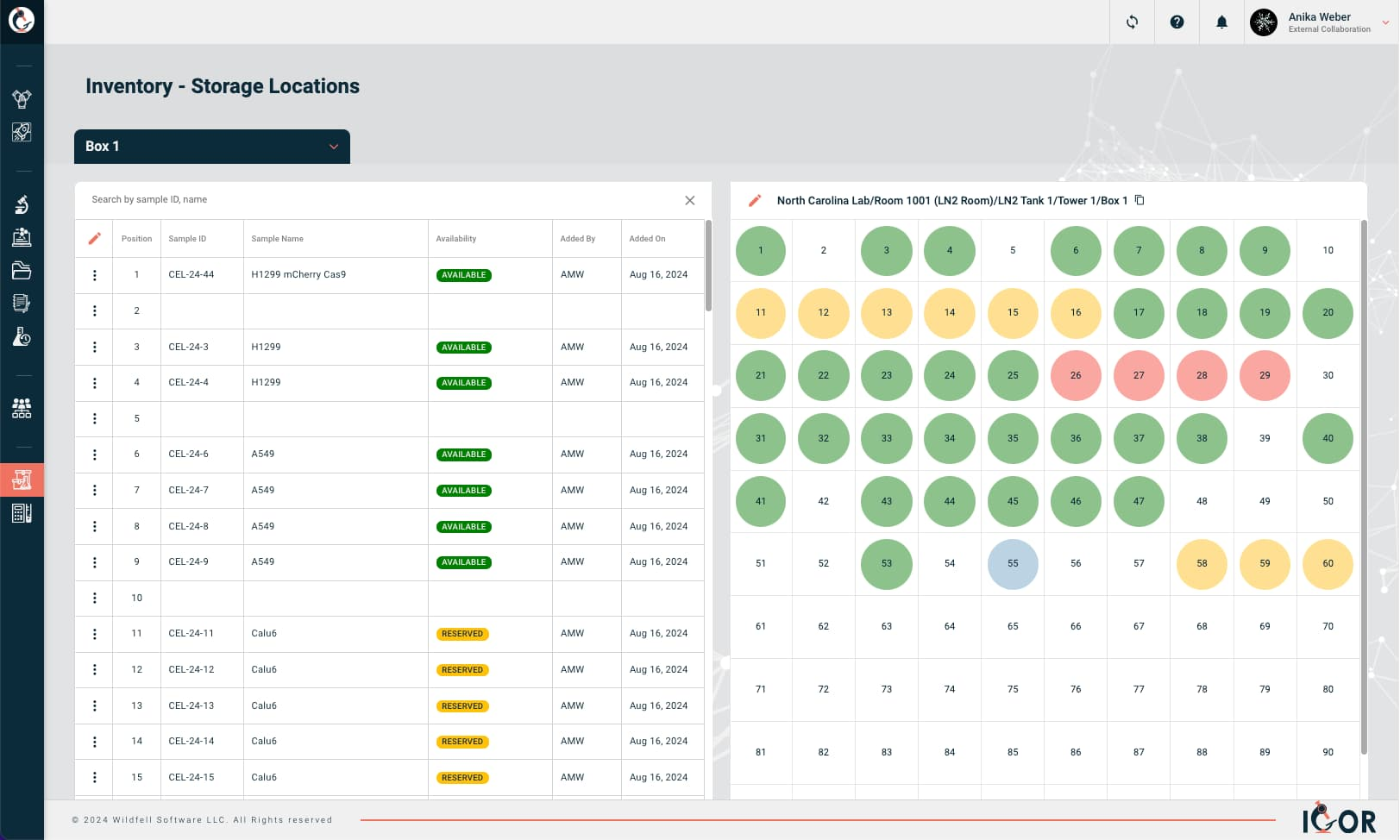 Screenshot of IGOR’s Inventory – Storage Locations view. A searchable list of samples with IDs, names, and availability (e.g., available, quarantined) is shown on the left, while an interactive storage map with color-coded positions is displayed on the right. Represents IGOR’s integrated Lab Inventory Management system with customizable repositories and storage locations, and reliable, compliant sample tracking.