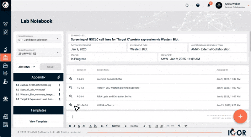 Animated GIF showing a scientist navigating IGOR’s electronic lab notebook to view a sample’s details, interactive relationship tree, storage location, and full sample history — all directly from the experiment entry the sample is linked to.