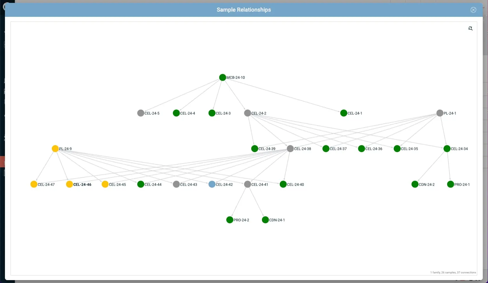 Interactive sample relationship map in IGOR - Screenshot showing a network-style visualization of linked laboratory samples in IGOR’s “Sample Relationships” view. Each node represents a sample, colored by type (green, yellow, gray, blue), and lines indicate parent–child or derived sample connections within the dataset.