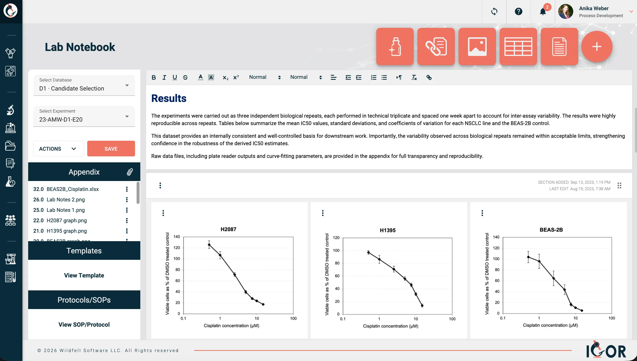 IGOR ELN screenshot showing a lab notebook entry for a cisplatin IC50 experiment. The notebook displays three dose-response curves for NSCLC cell lines.