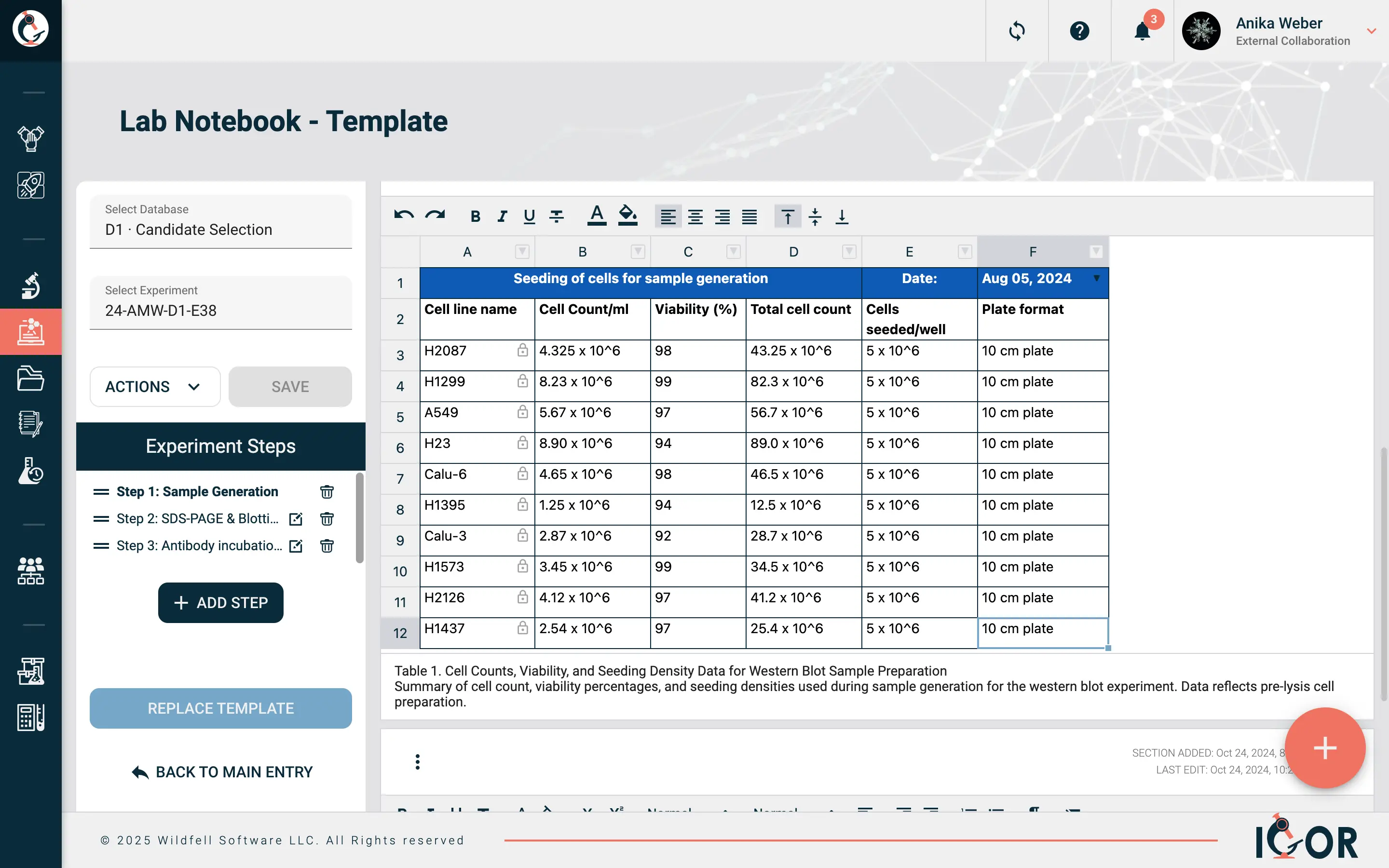 IGOR Lab Notebook Template showing a multi-step experiment with an embedded data table for capturing cell seeding and viability information.