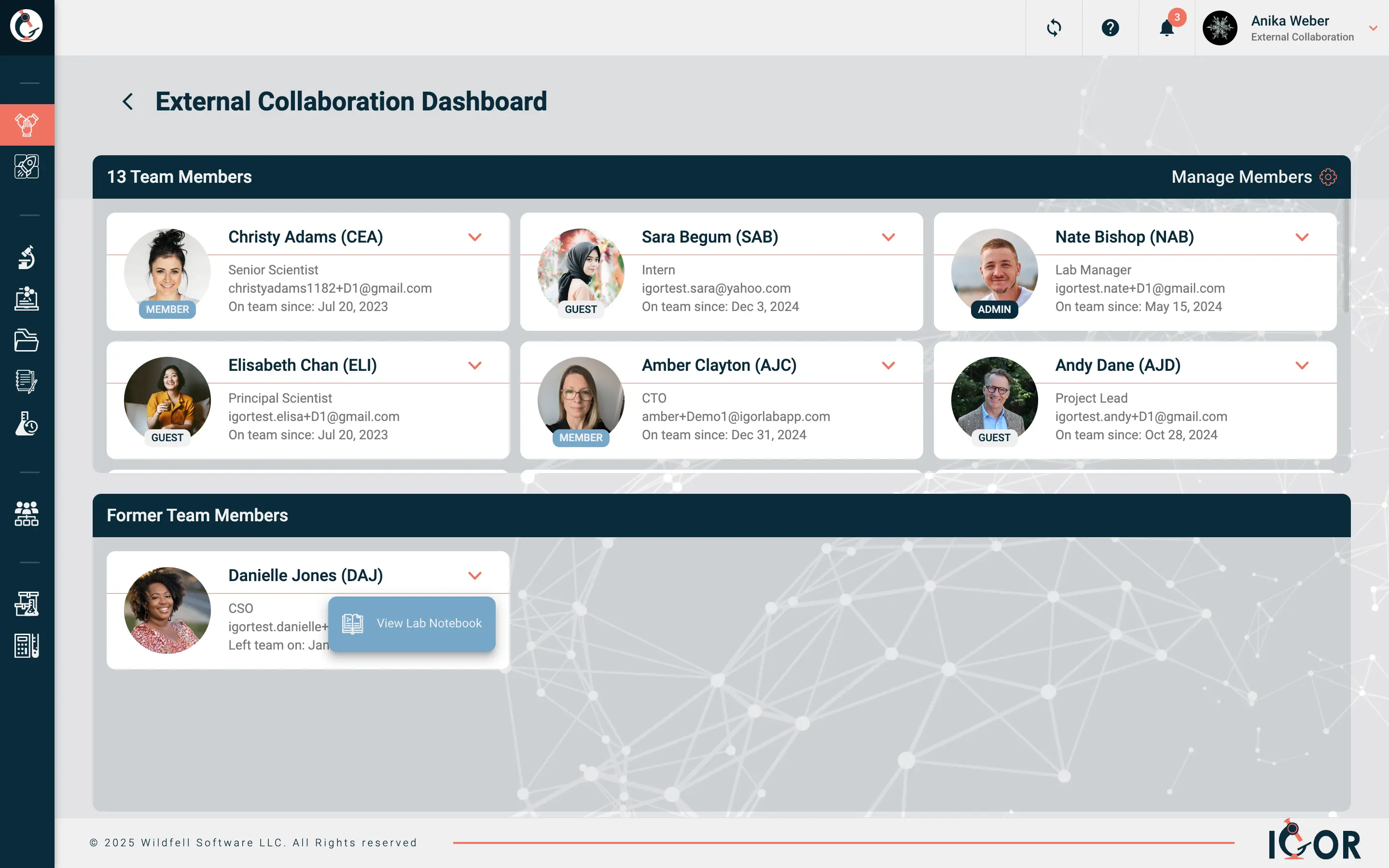 IGOR External Collaboration Dashboard showing active and former team members with a option to access a departed team member's lab notebook