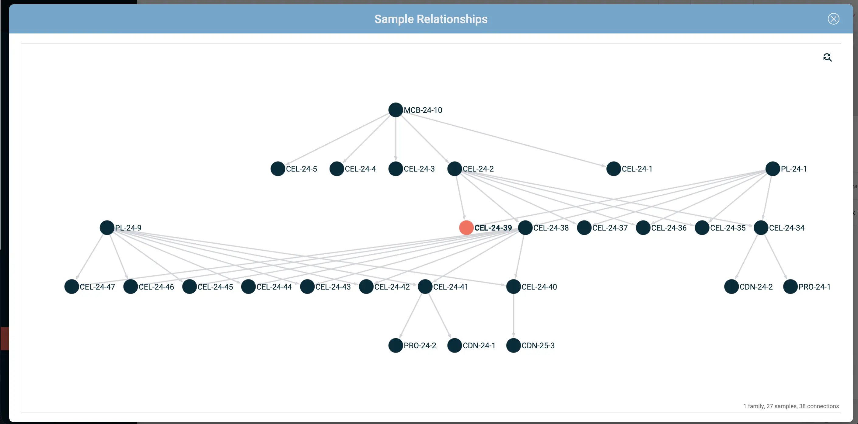  IGOR LIMS sample relationships view displaying a visual family tree of 27 connected samples across one item family, showing parent-child relationships and connections between cell lines, plasmids, and other sample types.