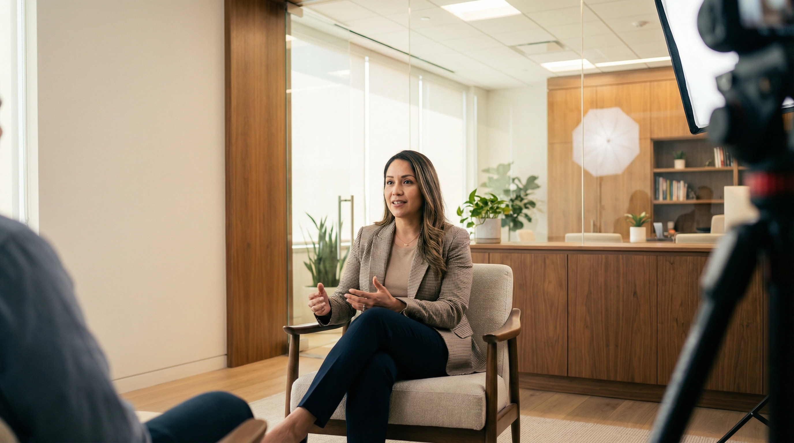 Woman in a blazer and dark pants sits in a chair speaking during a filmed interview in a modern office with wooden furniture and plants.