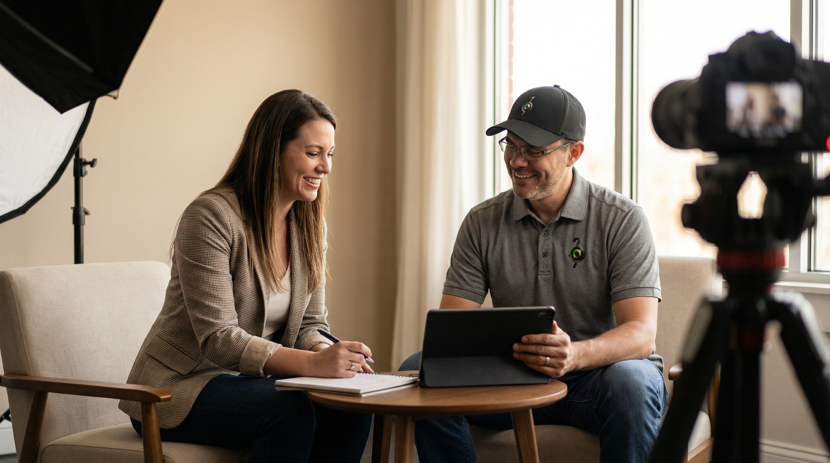 Man and woman smiling and discussing notes with a tablet in a cozy room with camera and lighting equipment.