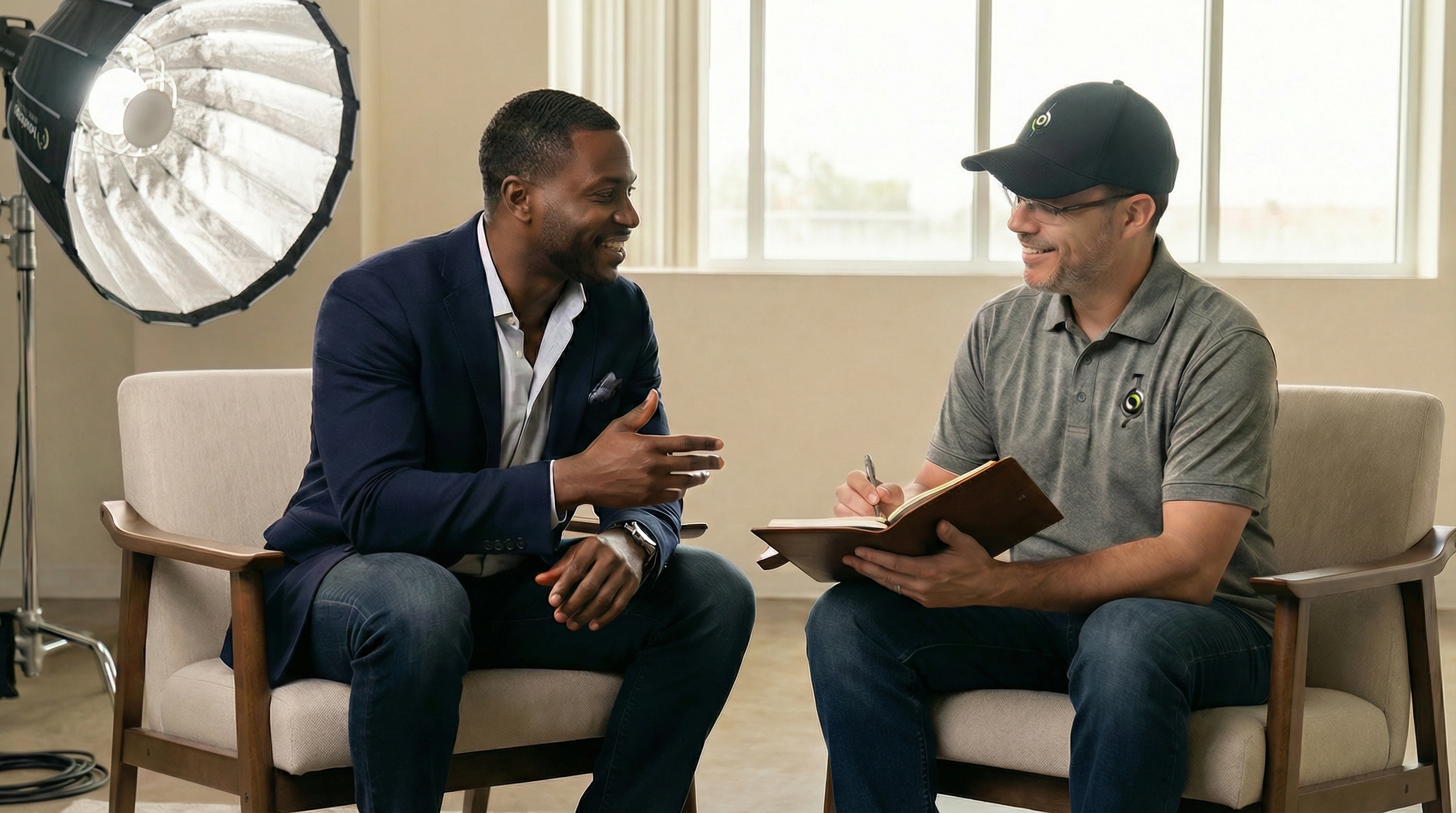 Two men sitting in armchairs having a friendly discussion, with one taking notes in a notebook.