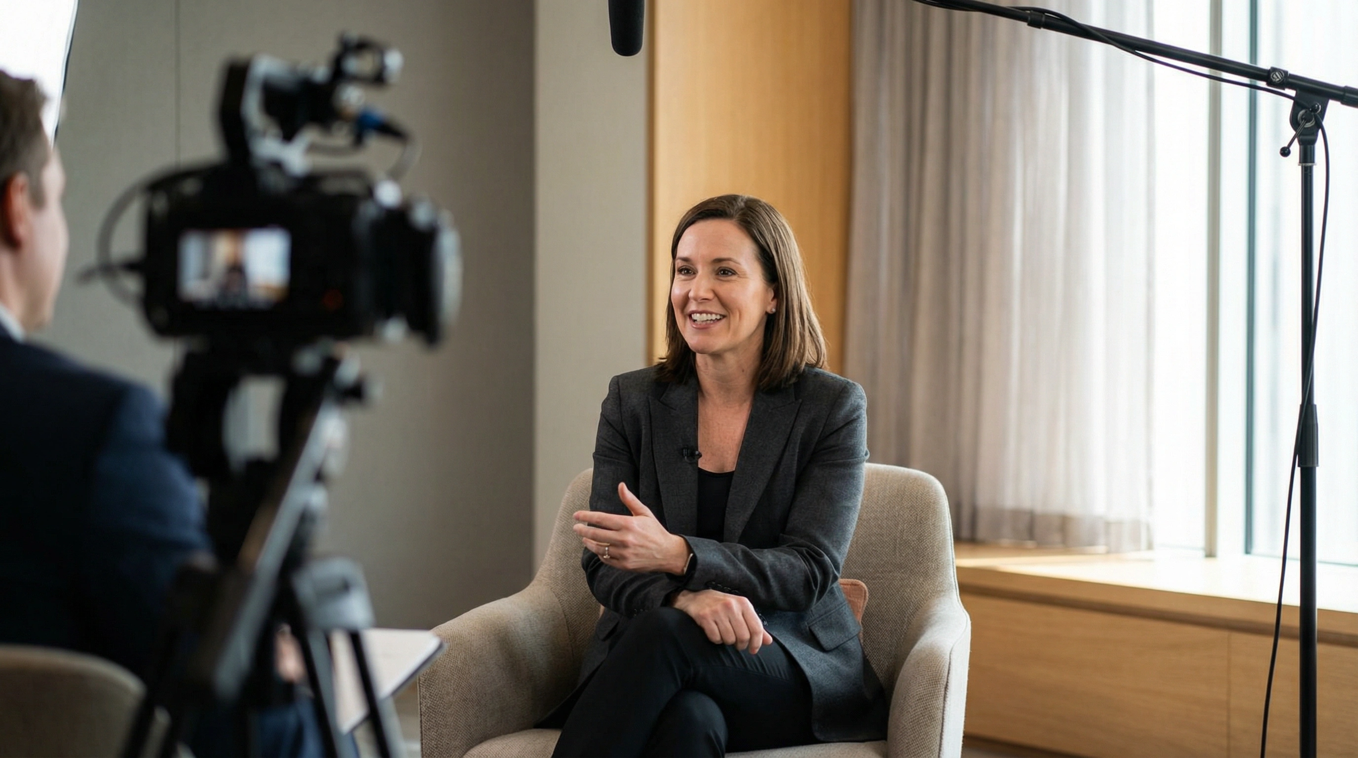 Woman in a blazer sitting on a couch and speaking in a well-lit office setting with a camera and lighting equipment visible.