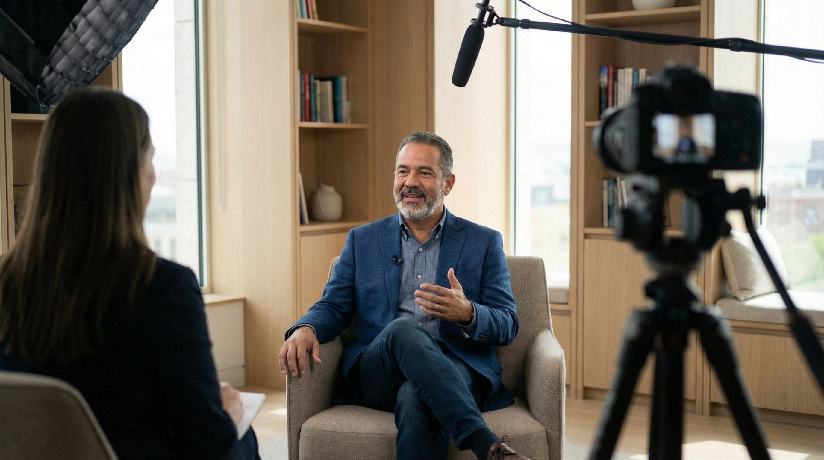 Man in blue blazer and jeans speaking during a recorded interview in a modern room with bookshelves and large windows.