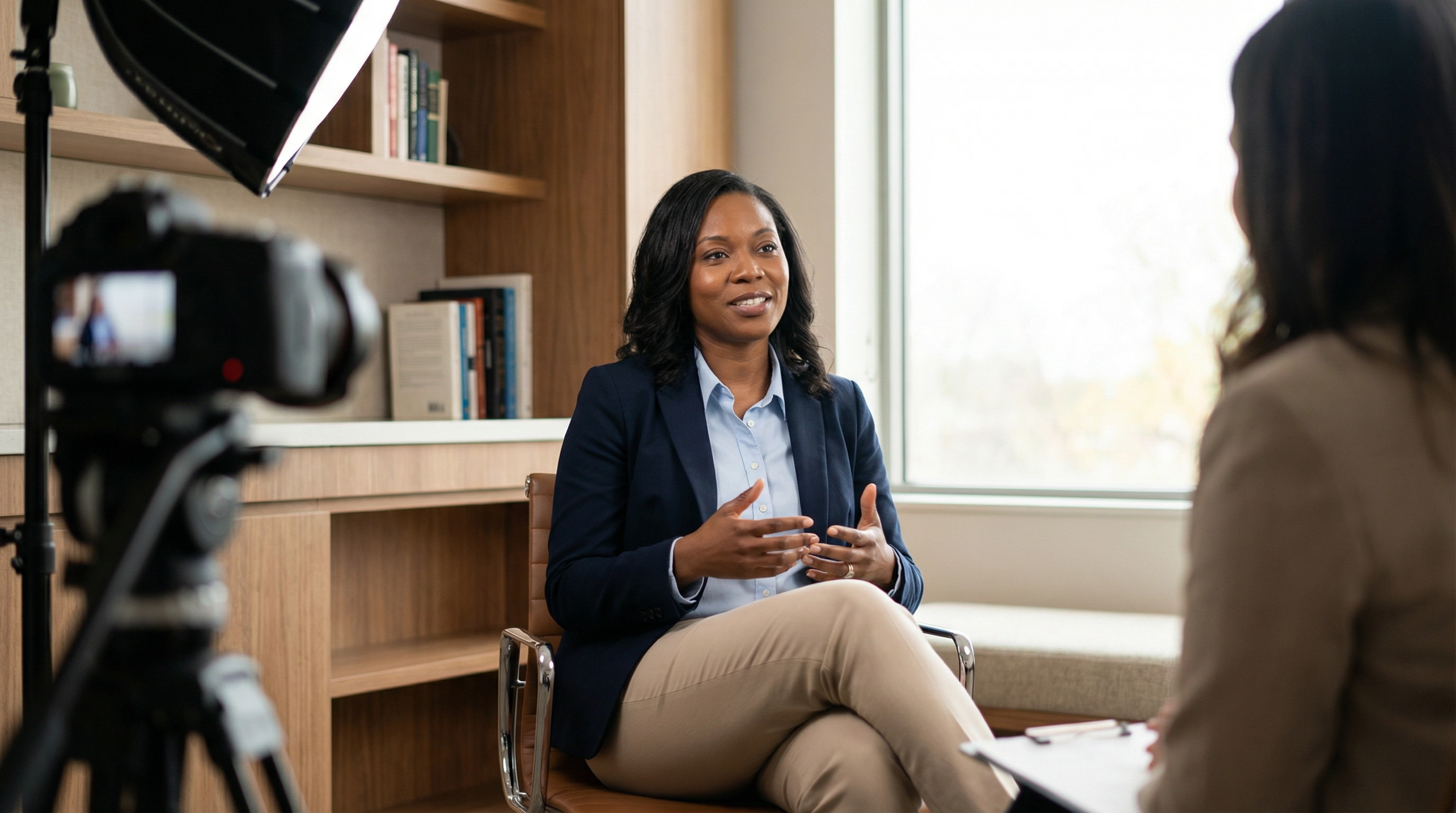 Smiling woman in business attire speaking during a recorded interview in an office.