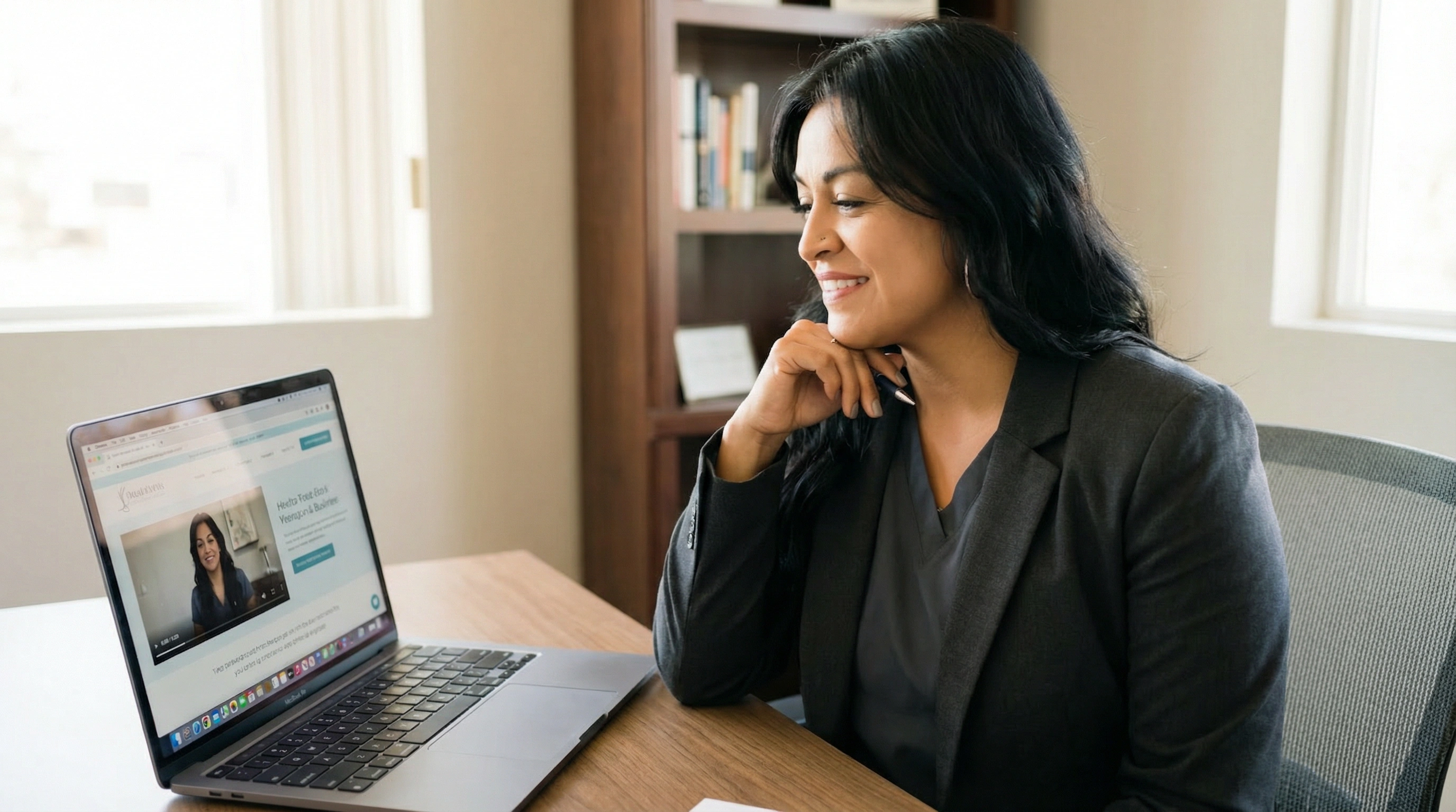 Smiling woman in a blazer sitting at a desk and watching a video on a laptop.