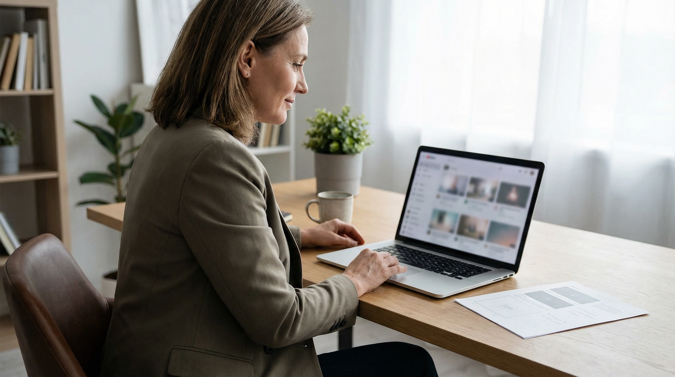 Woman in a brown blazer working on a laptop at a wooden desk with a coffee cup and papers.