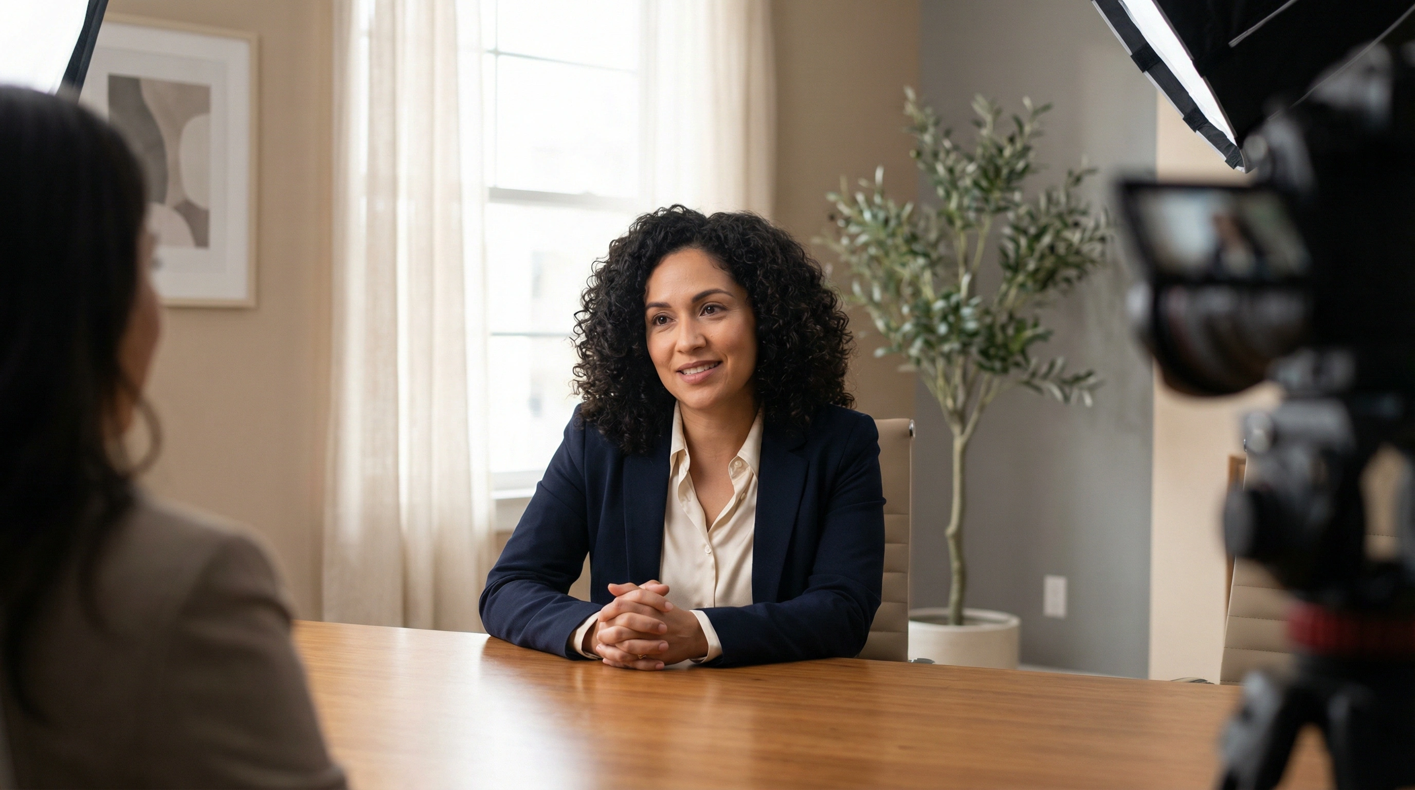 Woman with curly hair in business attire smiling and talking at a wooden table during a filmed interview in an office.