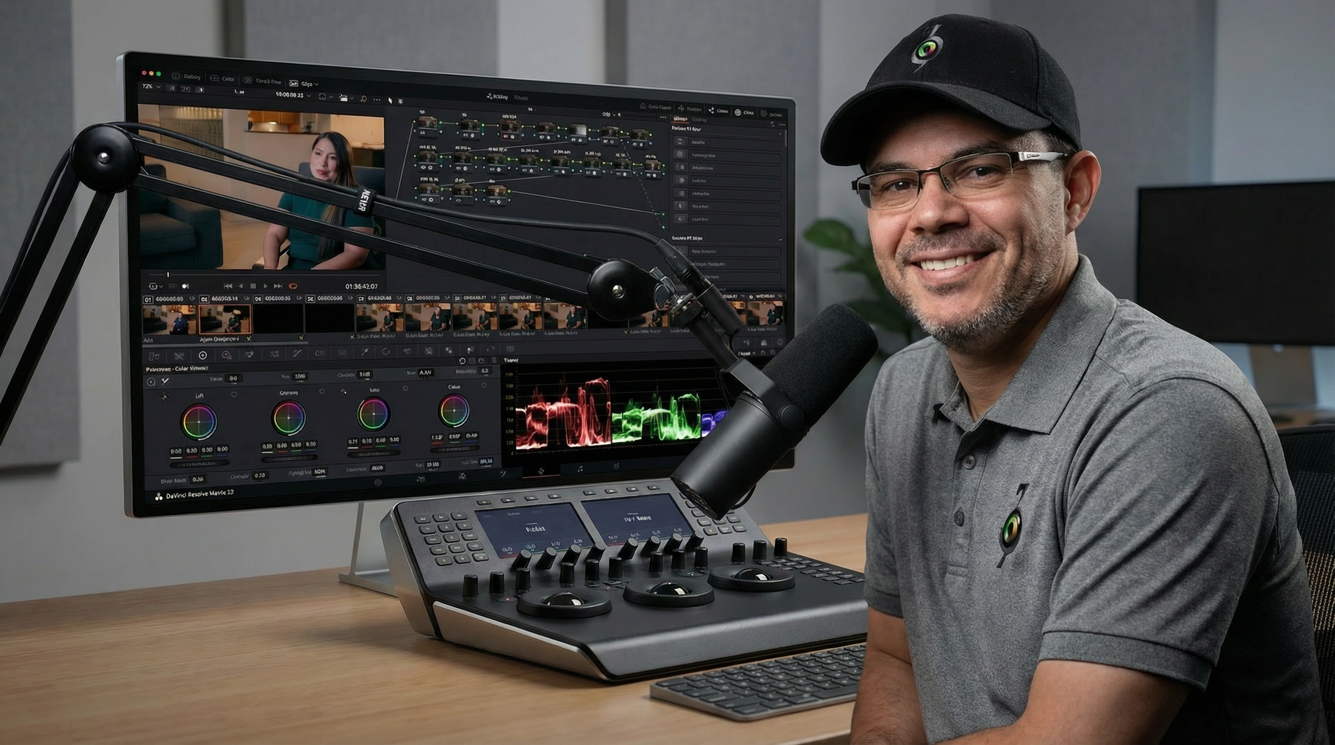 Woman in a blazer sitting on a couch and speaking in a well-lit office setting with a camera and lighting equipment visible.