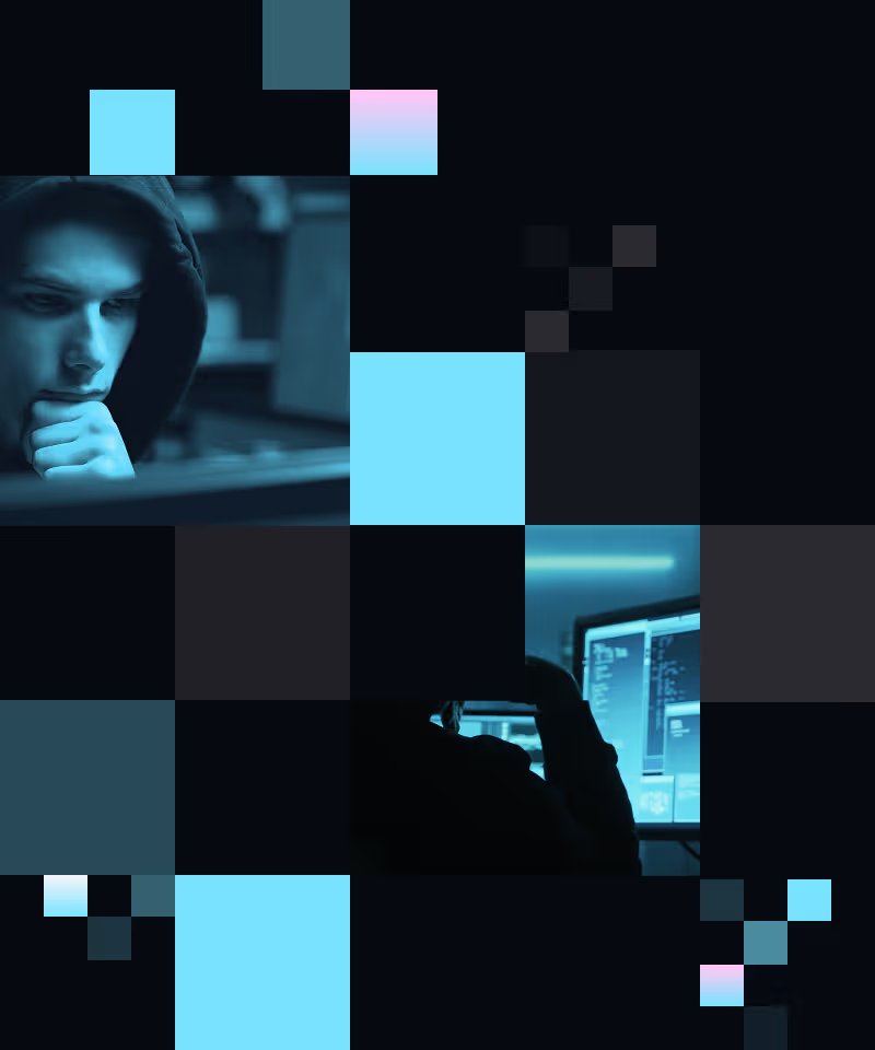 Person in a hoodie focused on a computer screen, surrounded by a digital-themed abstract blue and black design.