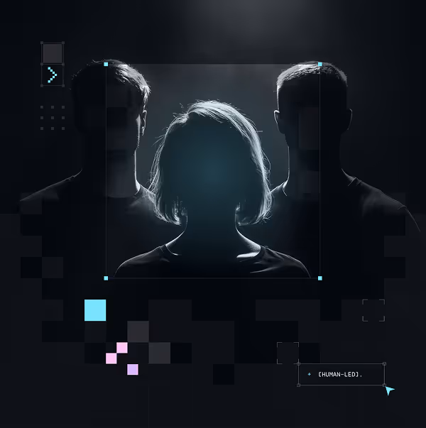 Silhouettes of three people against a dark background with digital squares and the text 'HUMAN-LED' in a tech-style overlay.