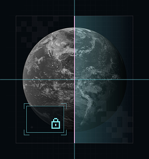 Digital globe with left side in grayscale and right side in color, overlaid with grid lines and a small lock icon.