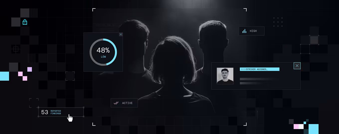 Three people silhouetted against a dark background with digital interface graphics displaying data such as 48% low, 53 reported findings, and a profile labeled 'Striker Assigned.'