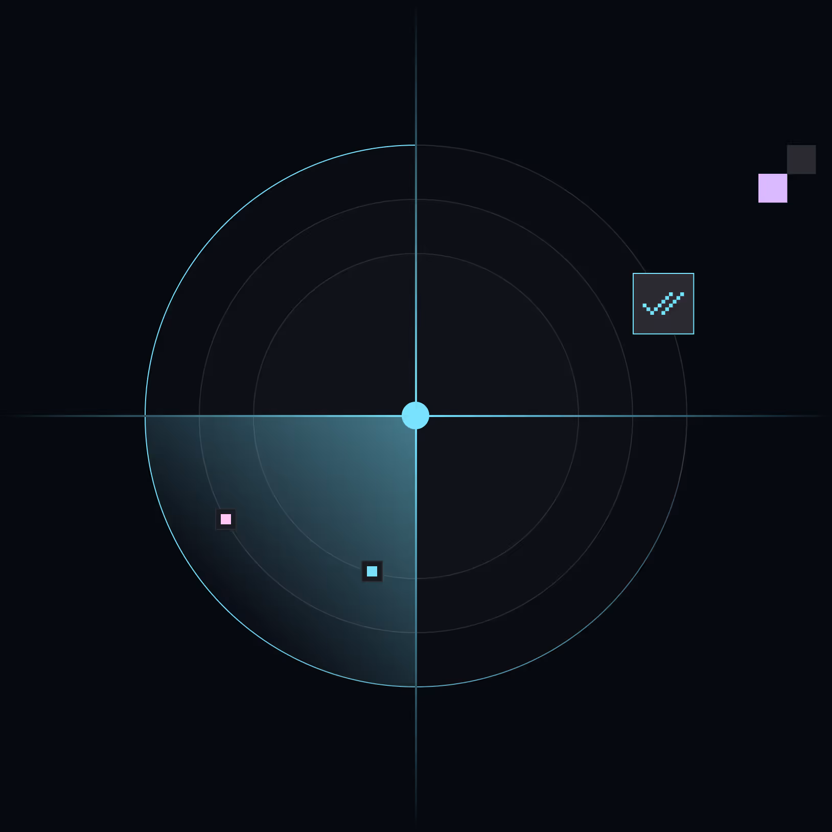 Radar screen with a blue dot in the center, light blue quarter circle sweep in lower left quadrant, and blue and pink squares marking positions with a pixelated checkmark icon.