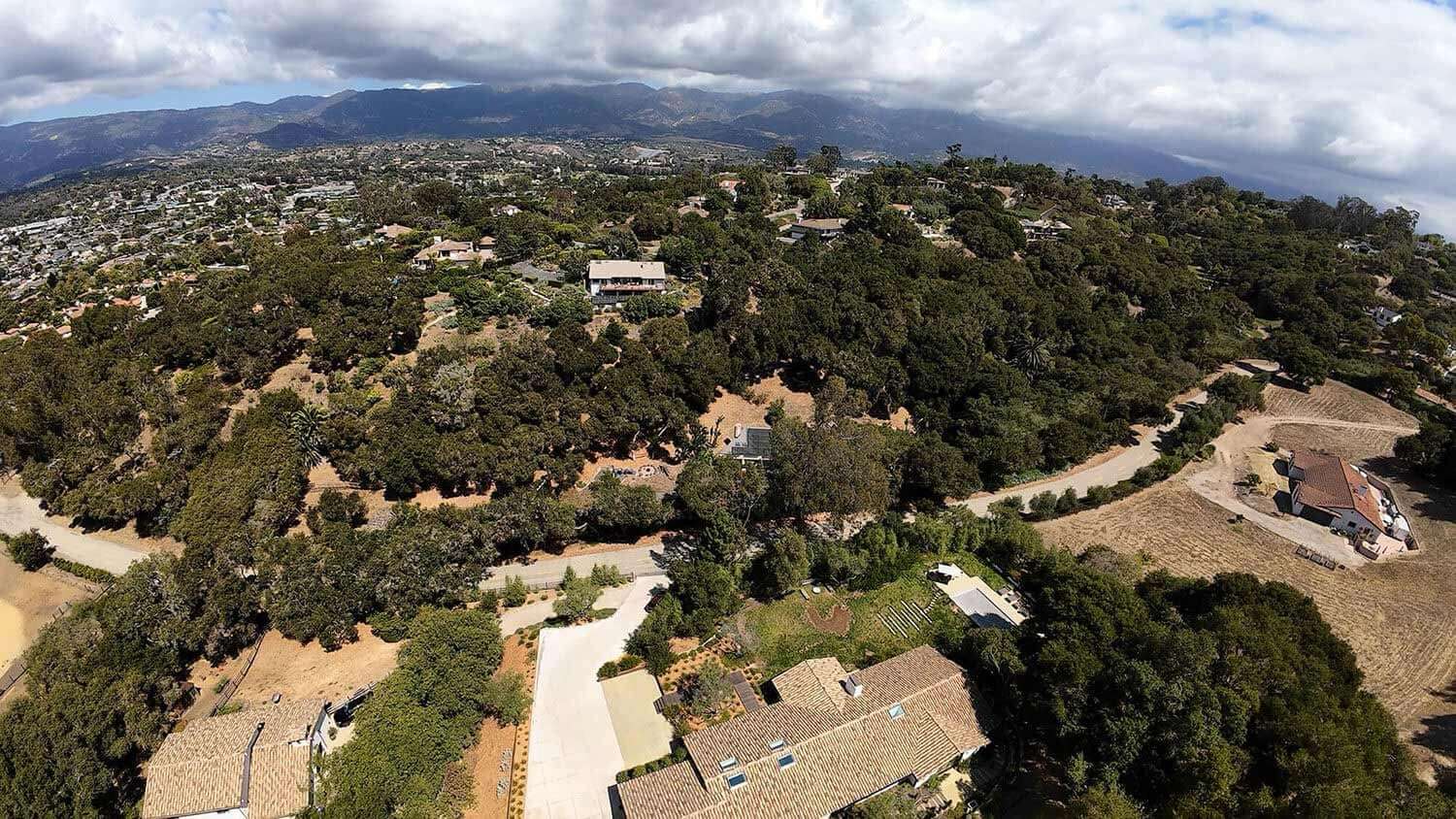 Aerial view of a hillside with houses and foliage