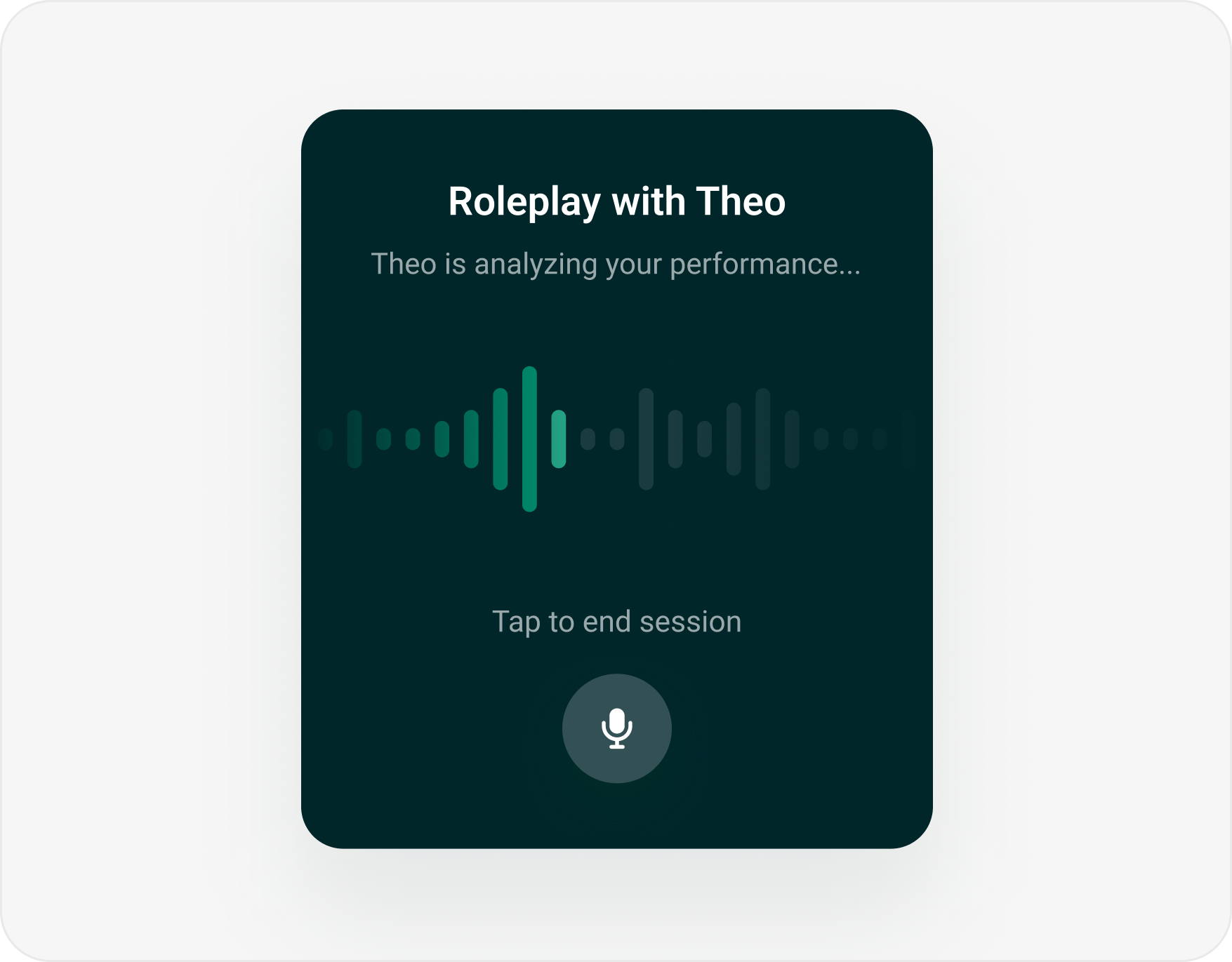 Digital interface showing a voice analysis session titled 'Roleplay with Theo' with a microphone button and waveform visualization.