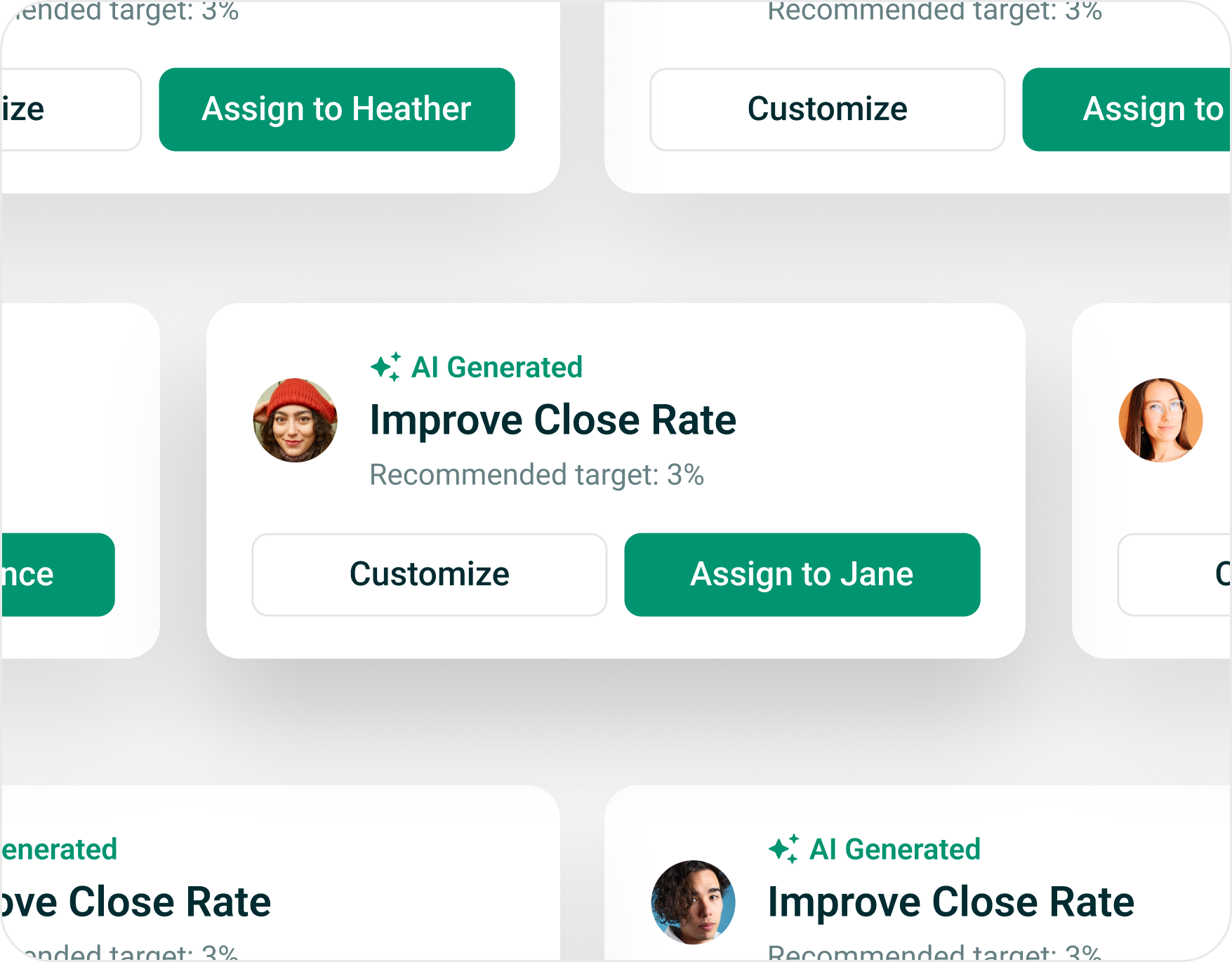 User interface card showing AI-generated recommendation to improve close rate with a recommended target of 3%, featuring a profile photo and buttons to customize or assign to Jane.