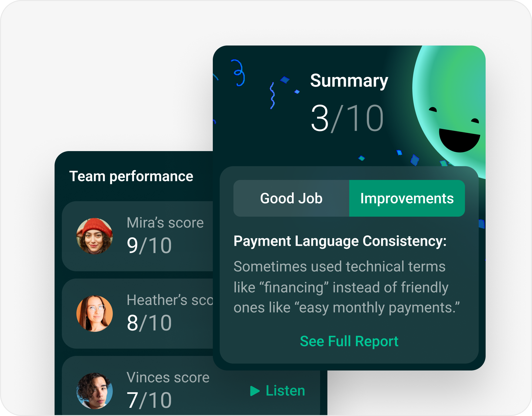 Team performance scores showing Mira 9/10, Heather 8/10, and Vince 7/10 with a summary card highlighting payment language consistency improvements and a score of 3/10.
