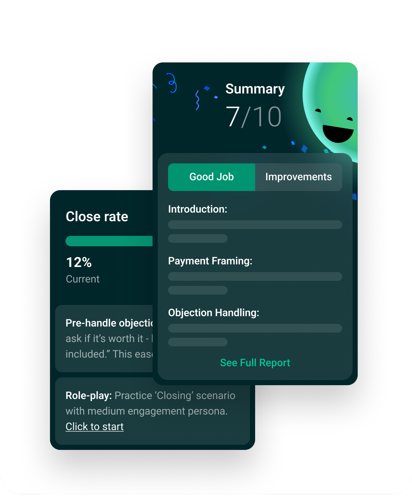 User interface showing a sales close rate of 12% with tips on pre-handling objections and a role-play scenario, alongside a summary score of 7 out of 10 highlighting good job and improvements sections.