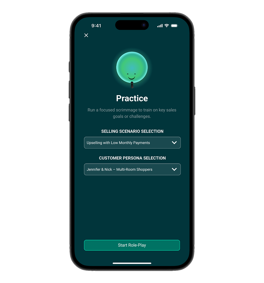 Mobile app screen titled Practice with options to select selling scenario and customer persona, plus a Start Role-Play button.