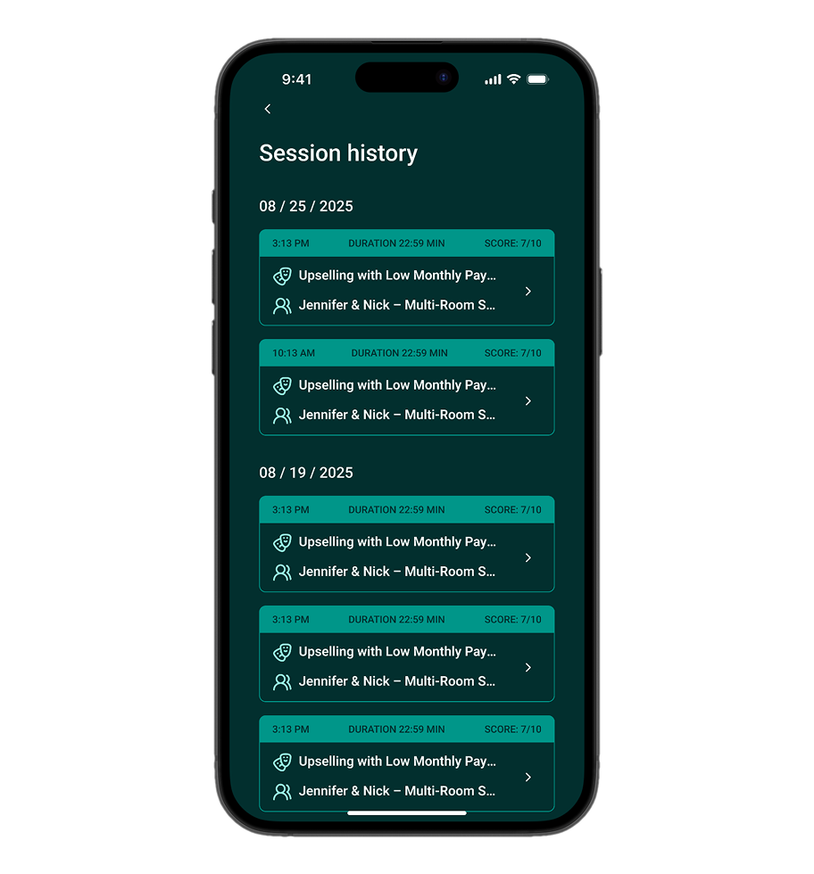 Mobile screen showing session history with multiple sessions listed by date, each with time, duration of 22 minutes 59 seconds, score 7 out of 10, and session titles 'Upselling with Low Monthly Pay...' by 'Jennifer & Nick – Multi-Room S...'.