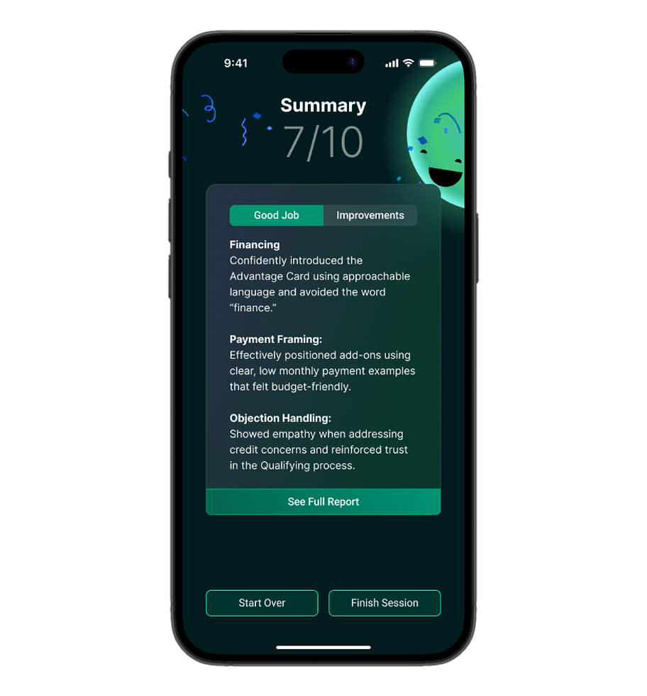 Smartphone screen showing a summary score of 7 out of 10 with feedback on good job areas including financing, payment framing, and objection handling, and buttons for Start Over and Finish Session.