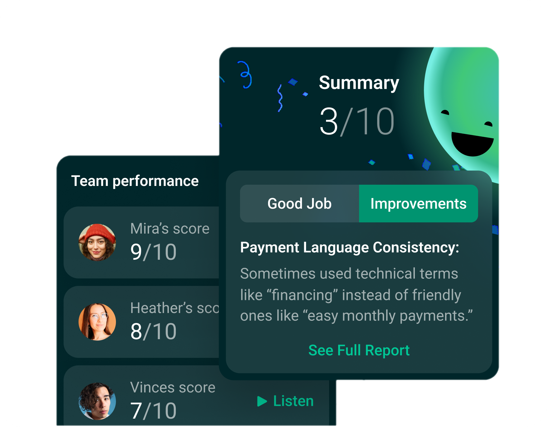 Team performance scores showing Mira 9/10, Heather 8/10, and Vince 7/10 with a summary score of 3/10 highlighting payment language improvements needed for clarity.