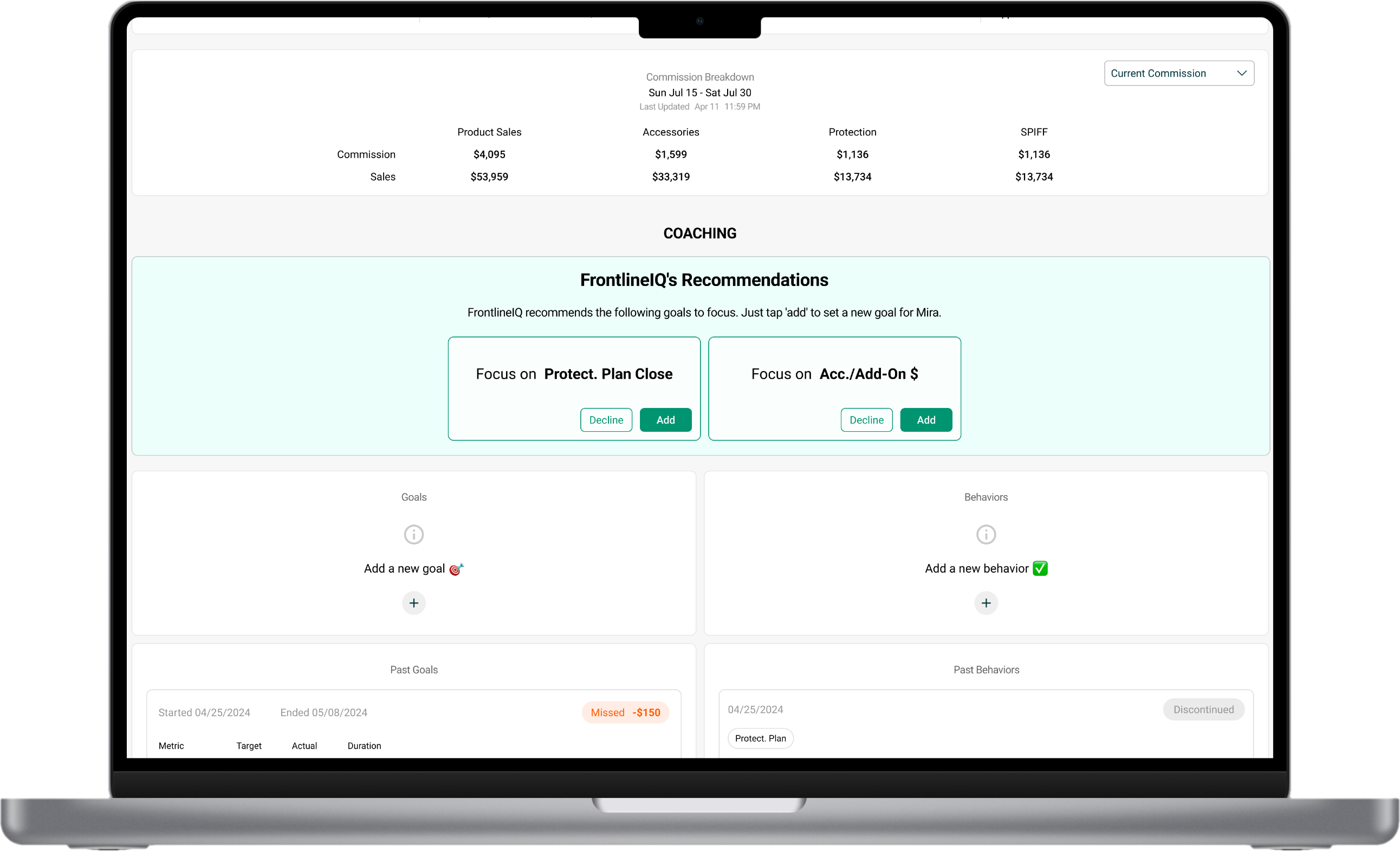 Laptop screen showing a coaching dashboard with commission breakdown and FrontlineIQ's recommendations for sales goals focusing on Protect. Plan Close and Acc./Add-On $ options with buttons to decline or add, plus sections to add new goals and behaviors.