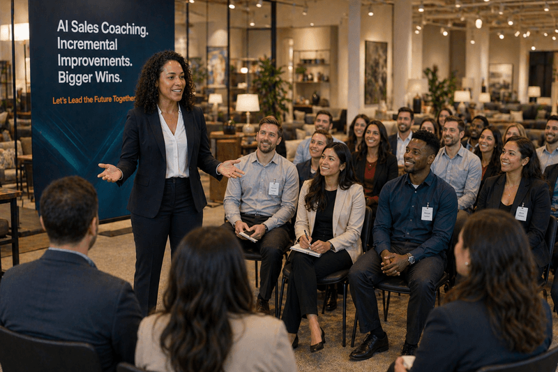 A team gathered for a sales coaching session