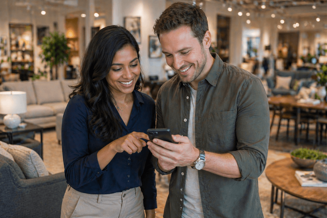 Two colleagues reviewing a phone together in a furniture showroom