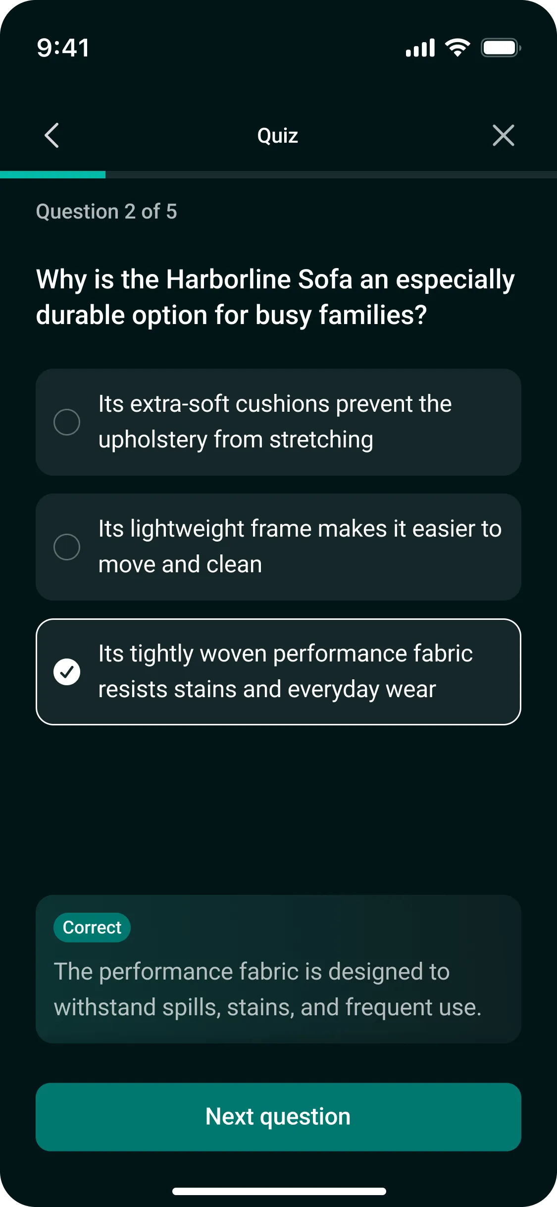 Product knowledge quiz with feedback on a sofa feature