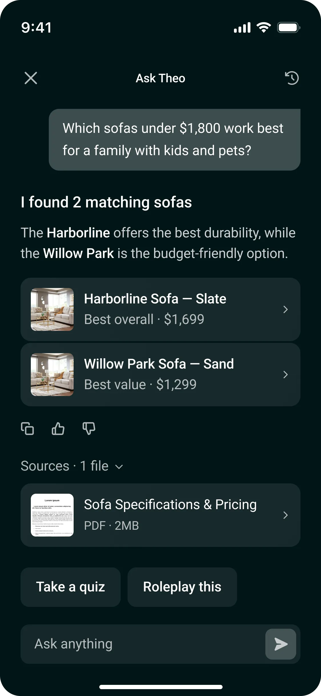 Ask Theo answers grounded in product documentation