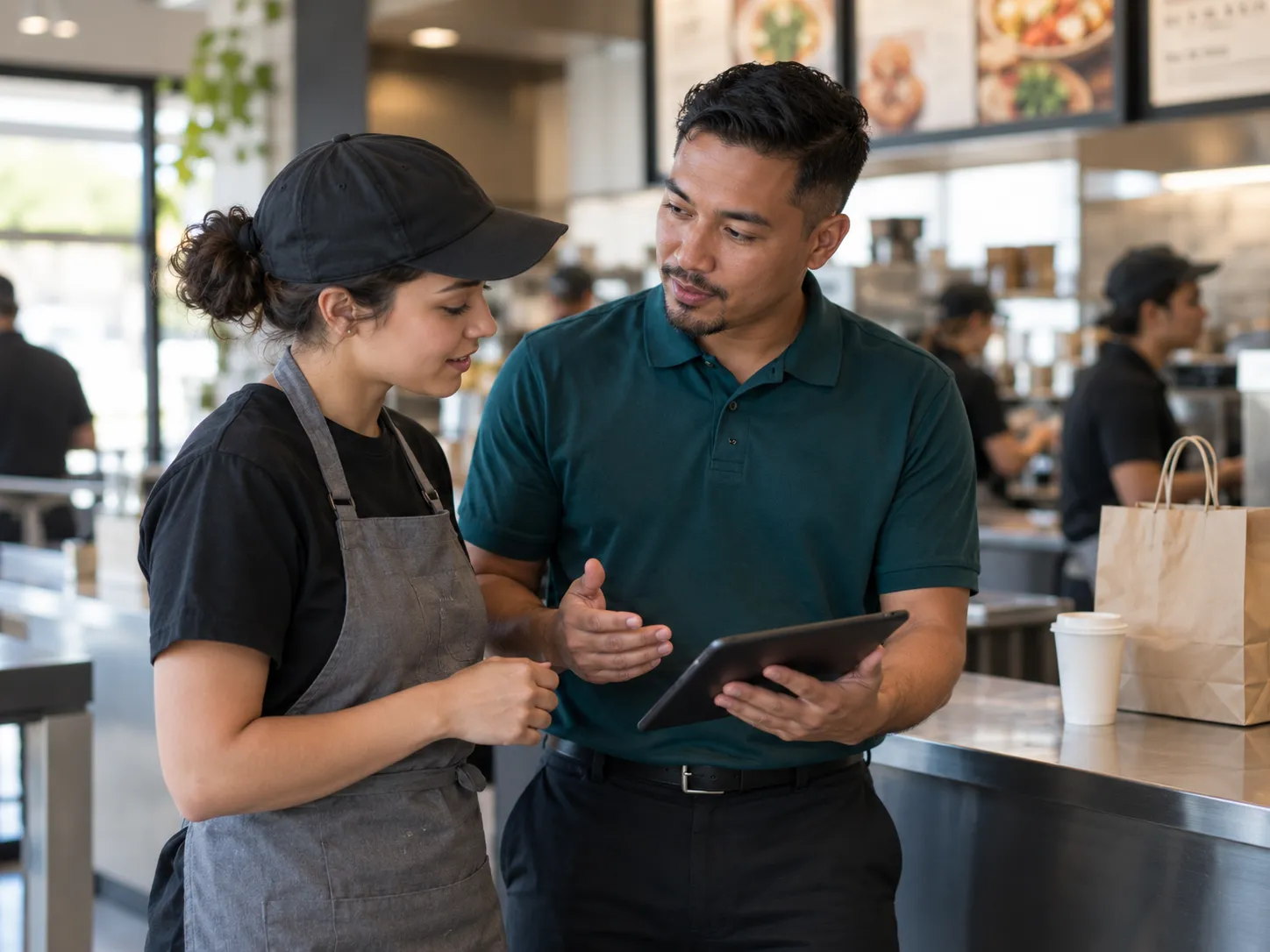 A quick-service restaurant shift manager coaches a team member at the counter.