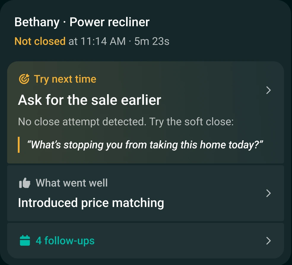 A client recap showing one improvement, what went well, and four follow-ups.