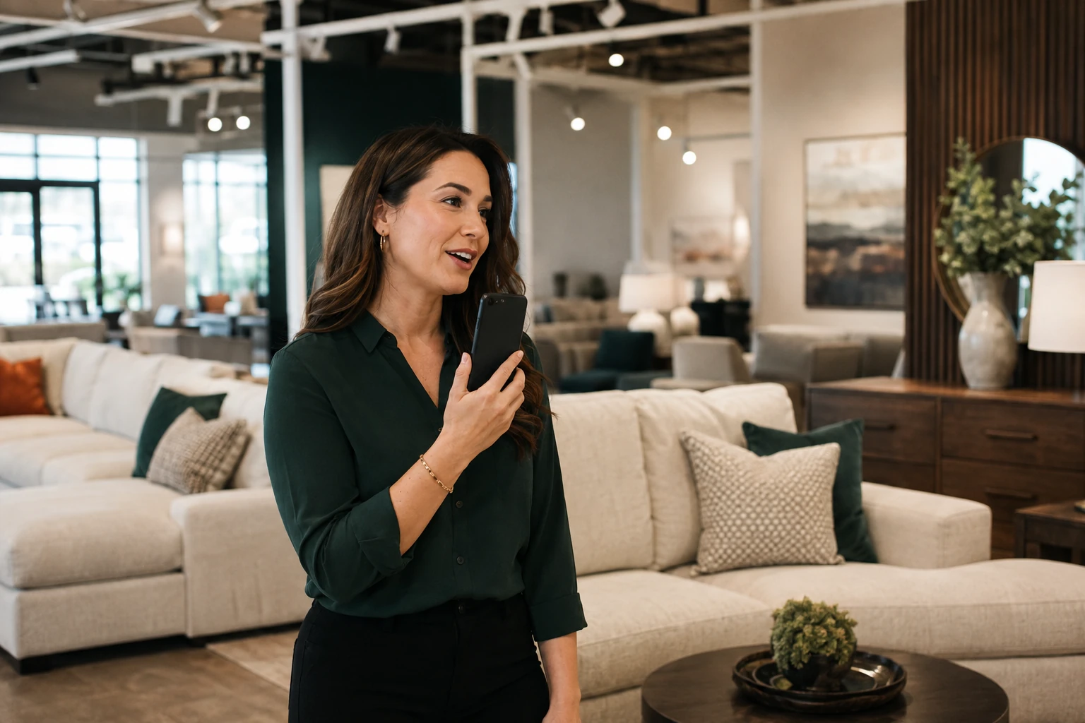 A furniture sales associate practices a customer conversation with AI. Illustrative scene.