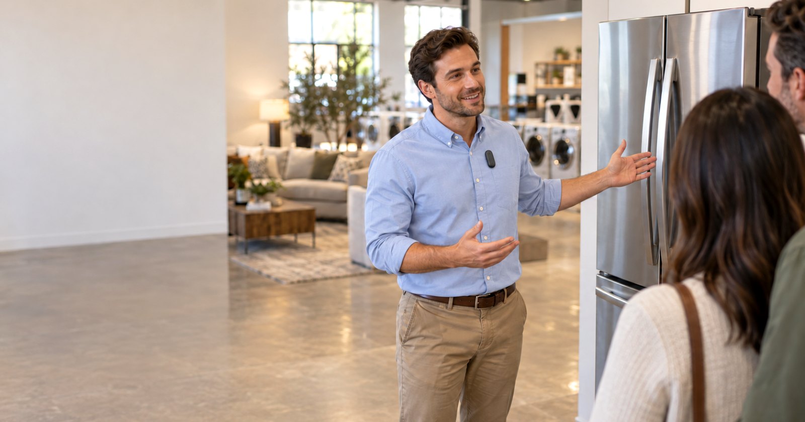 Furniture and appliance sales rep wearing a Plaud NotePin S while showing customers a French-door refrigerator