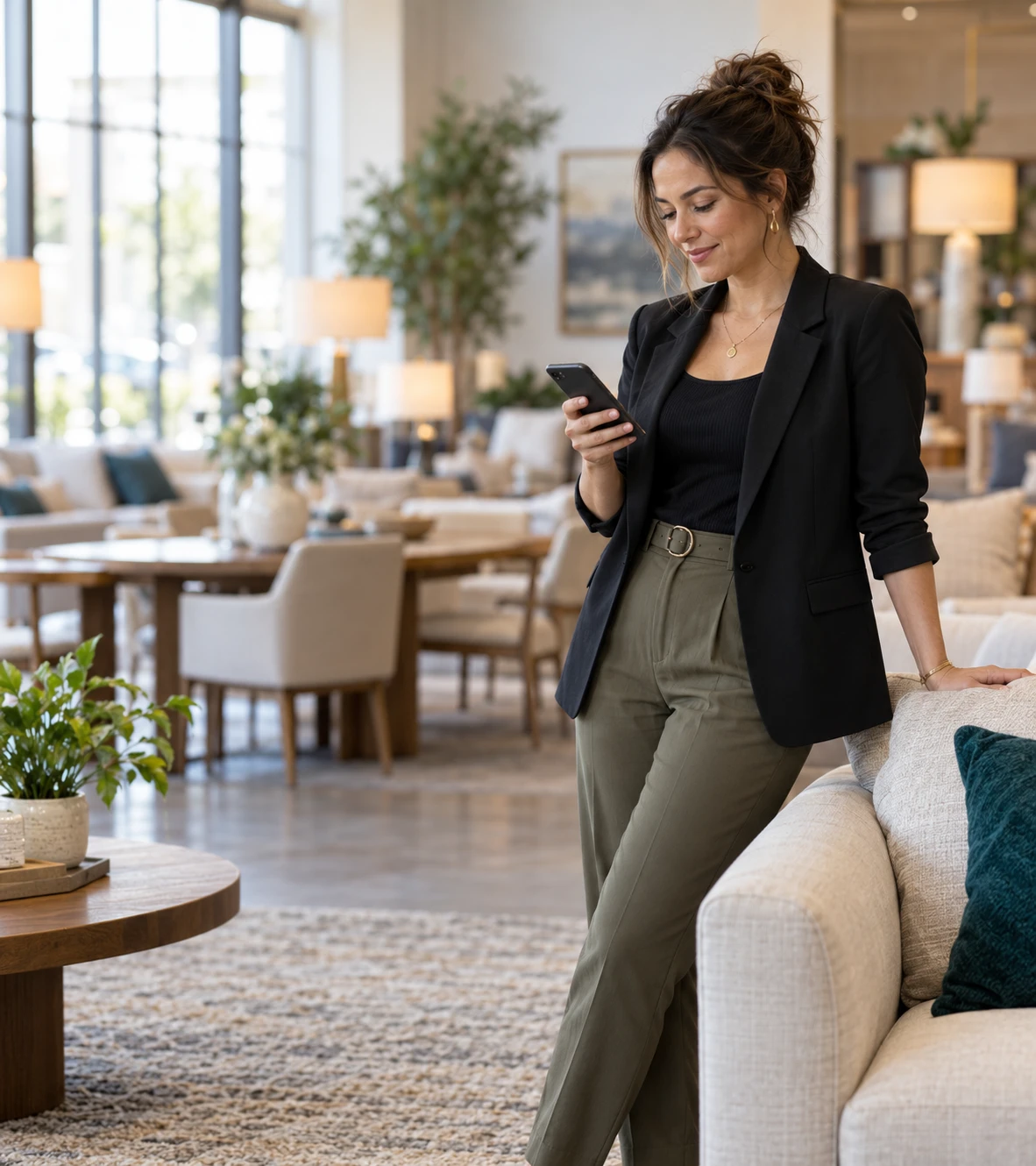 Furniture showroom sales rep checking her phone while leaning on a sofa